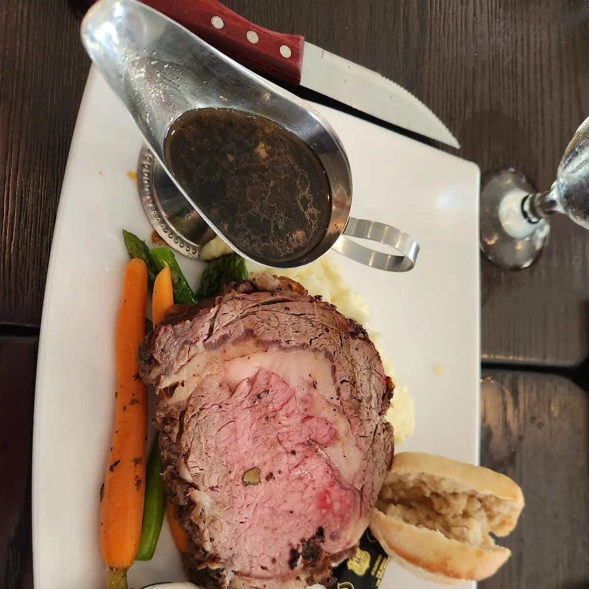 Thick Cut Prime Rib with Au Jus Mashed Potatoes and Vegetables