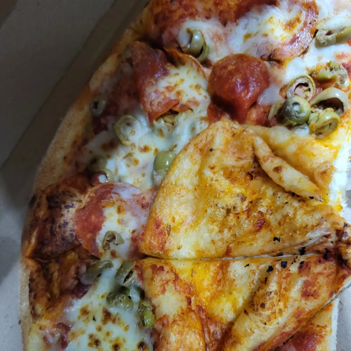 Pepperoni and Green Olive Pizza