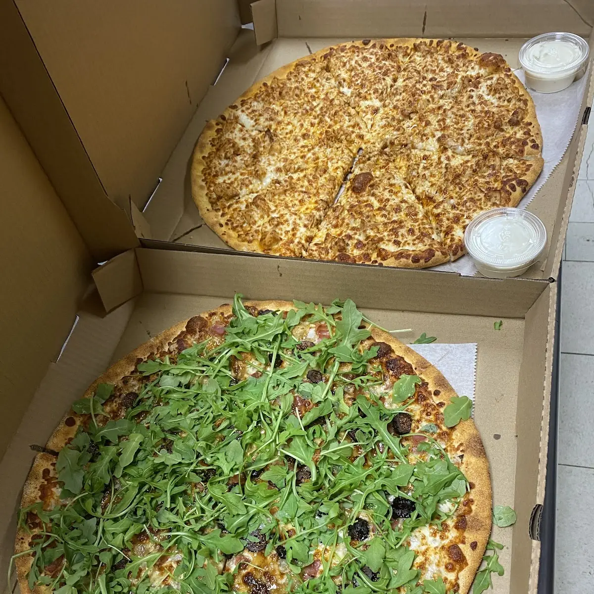 Fig & Prosciutto Pizza and Buffalo Chicken Pizza