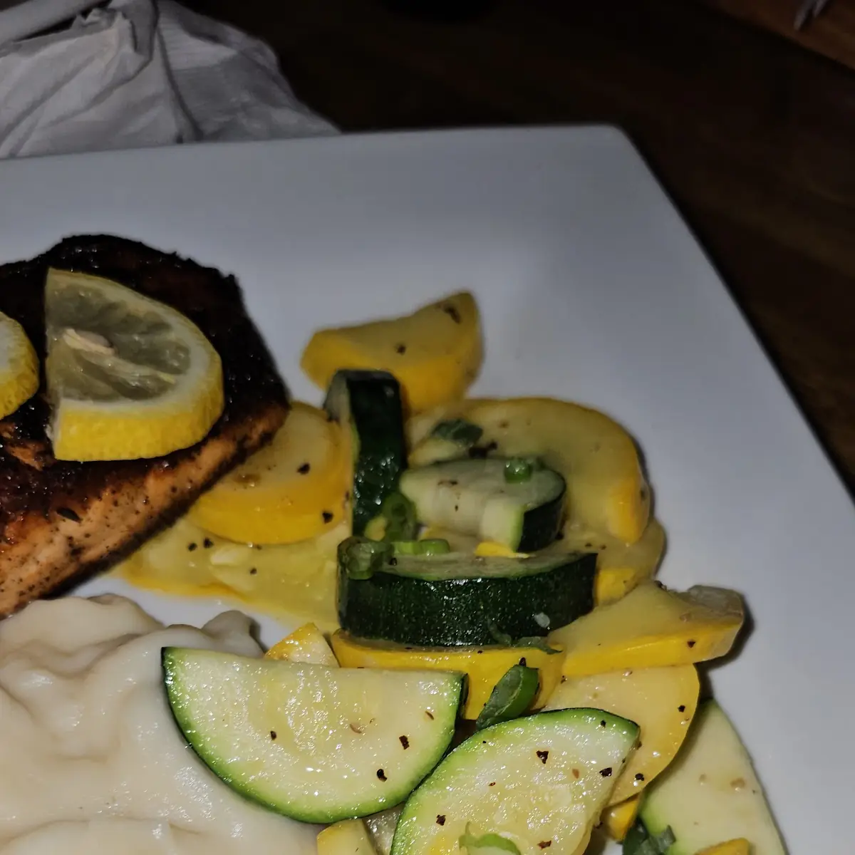 Salmon Zucchini and Squash with Mashed Potatoes