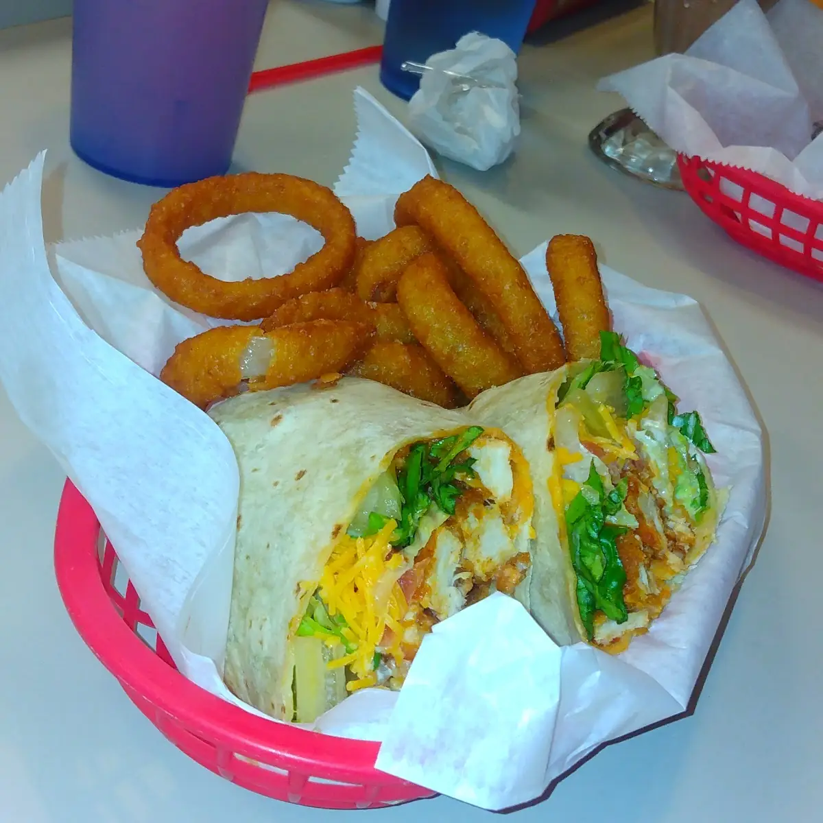Buffalo Chicken Wrap with Onion Rings