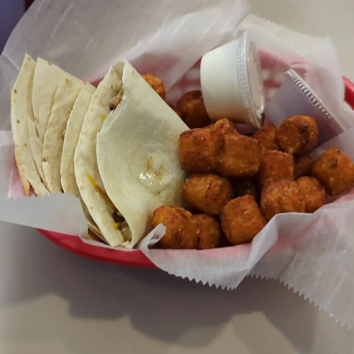 Chicken Quesadilla with Sweet Potato Tots