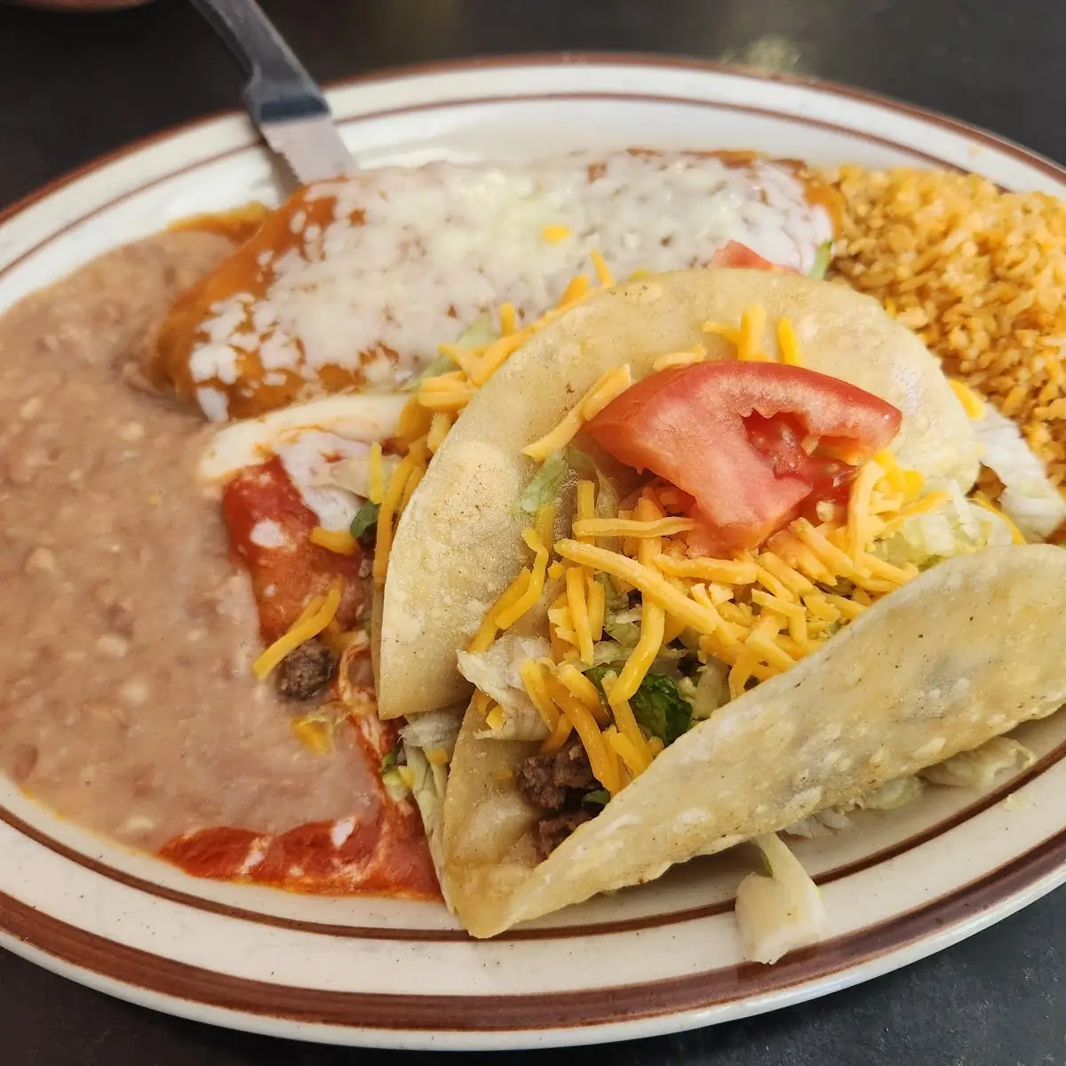Two Beef Tacos Rice & Beans