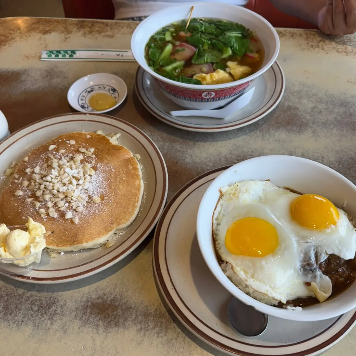 Macadamia Nut Pancakes and Portugese Sausage Omelette
