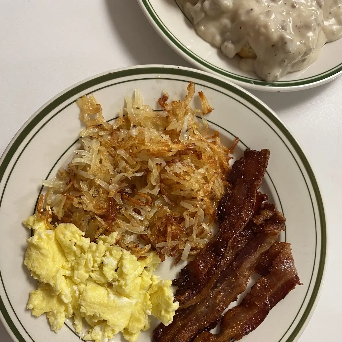 Scrambled Eggs Hash Browns and Bacon