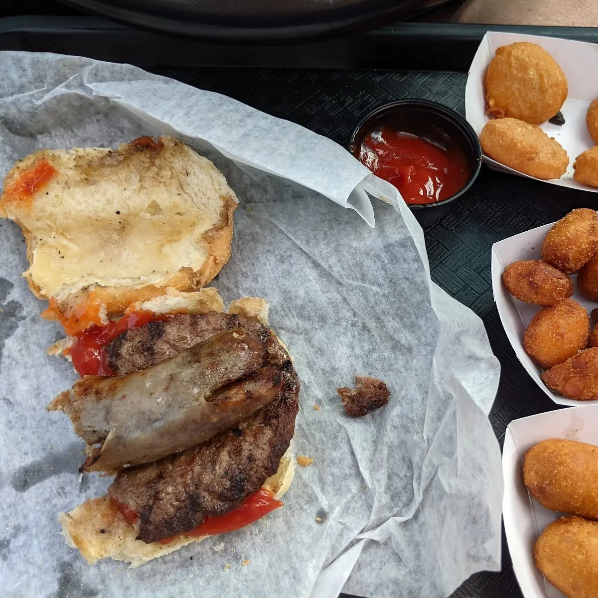 Brat Burger Mac & Cheese Top Cheese Curds Corn Dog Bites