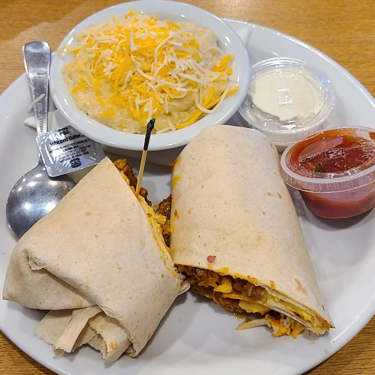 Chorizo Burrito with Cheese Grits