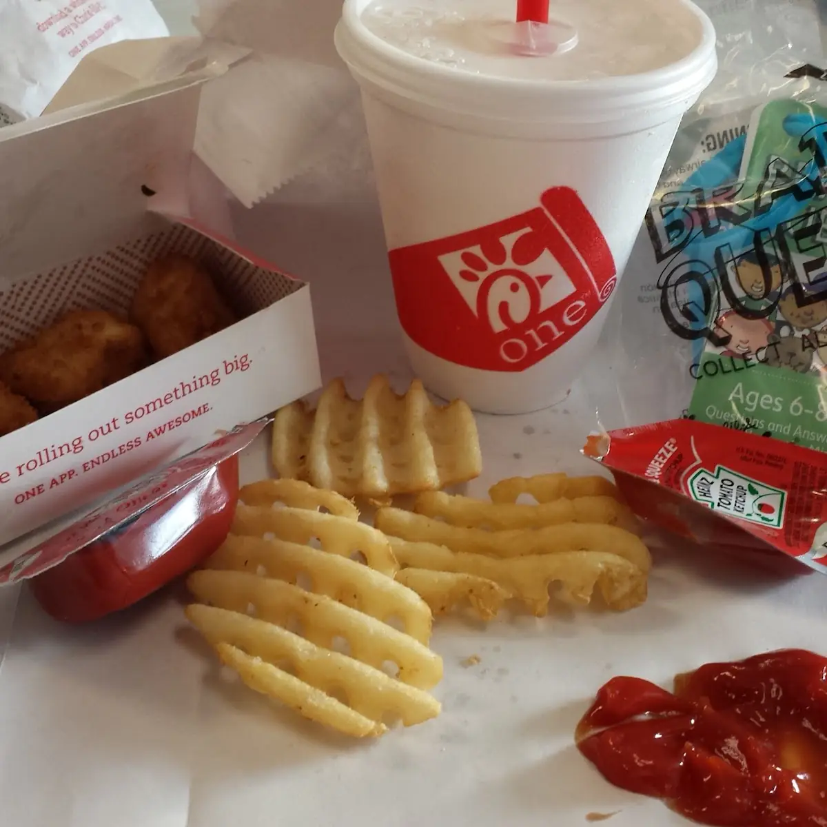 Chicnuggets Waffle Fries and Ketchup and Beverage