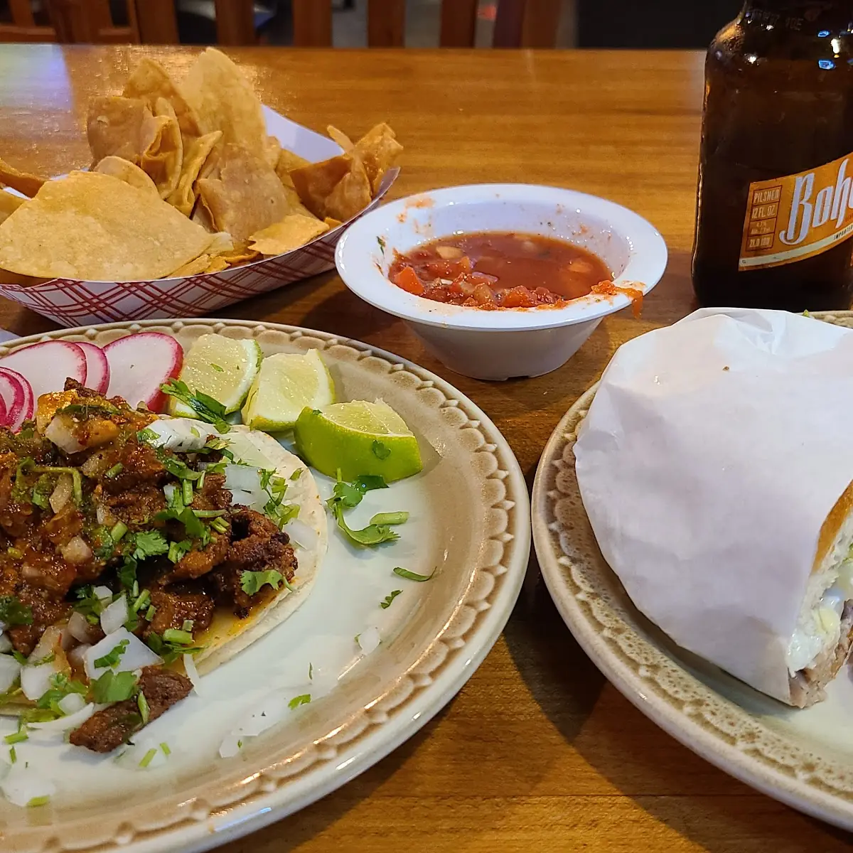 Al Pastor Taco and Carnitas Torta
