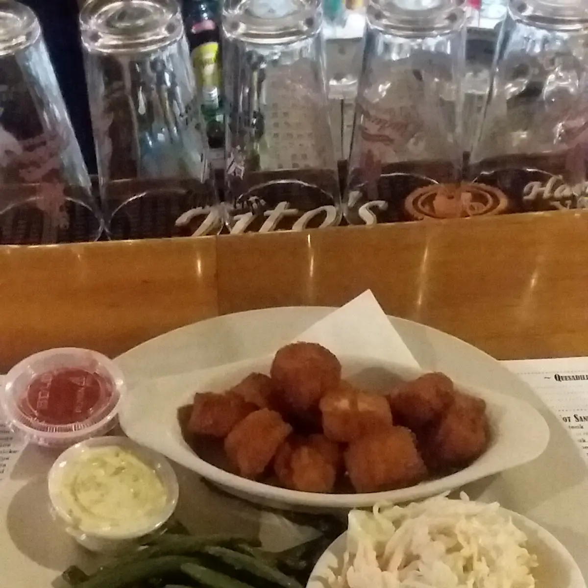 Fried Scallops with Coleslaw and Green Beans