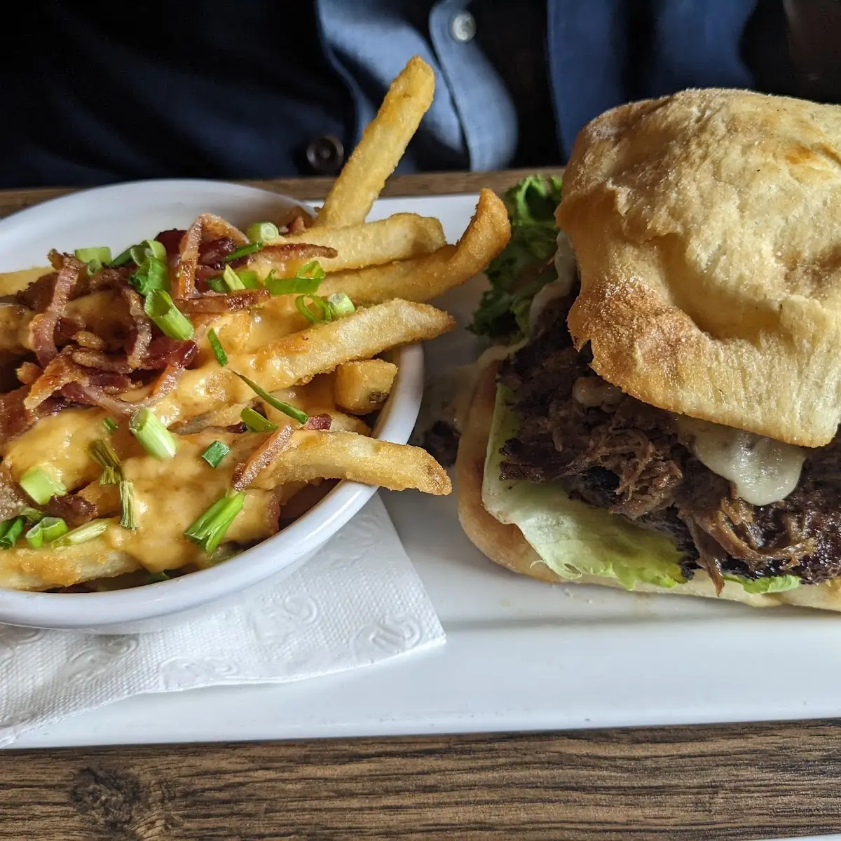Cheese Fries with Bacon and Pulled Pork Burger