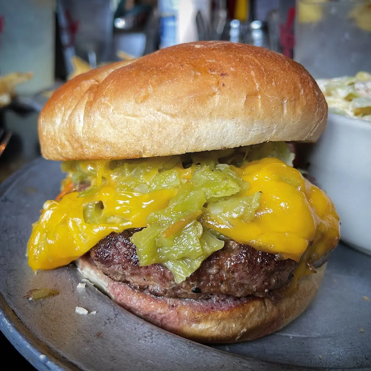 New Mexico Green Chile Cheese Burger