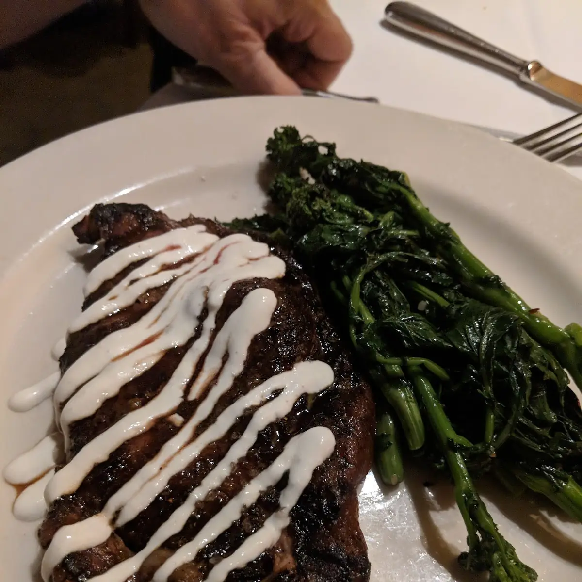 NY Strip Steak with Mash Potato Broccoli Rabe and Some Sort of Cheese Sauce