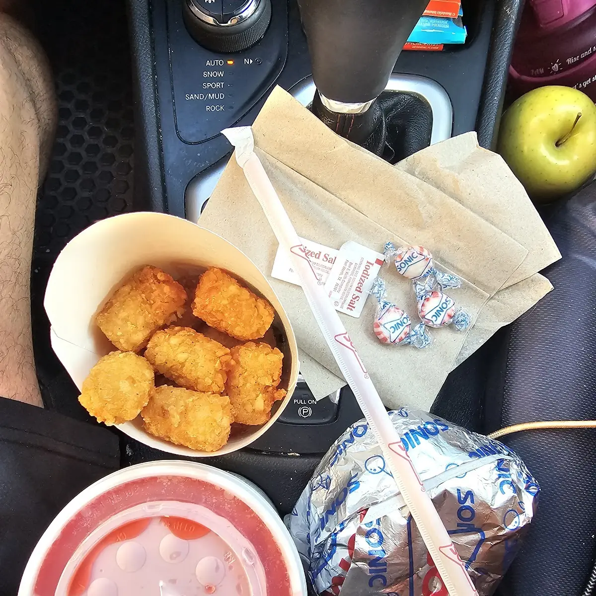Double Cheese Burger and Tots with Cherry Lime Aid