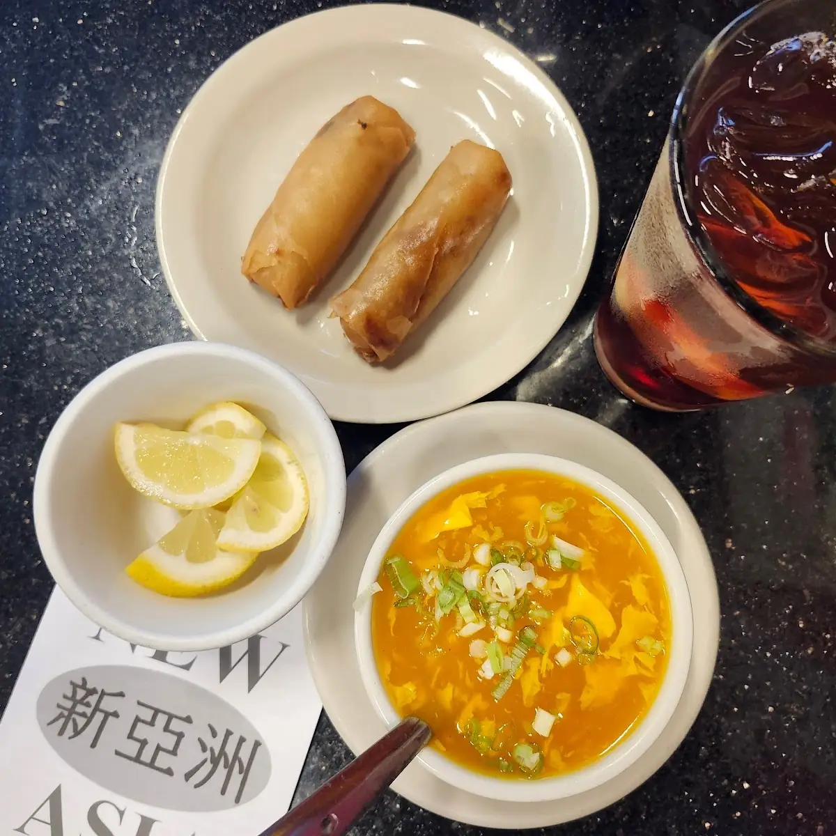 Spring Rolls with Lemon Wedges and Egg Drop Soup