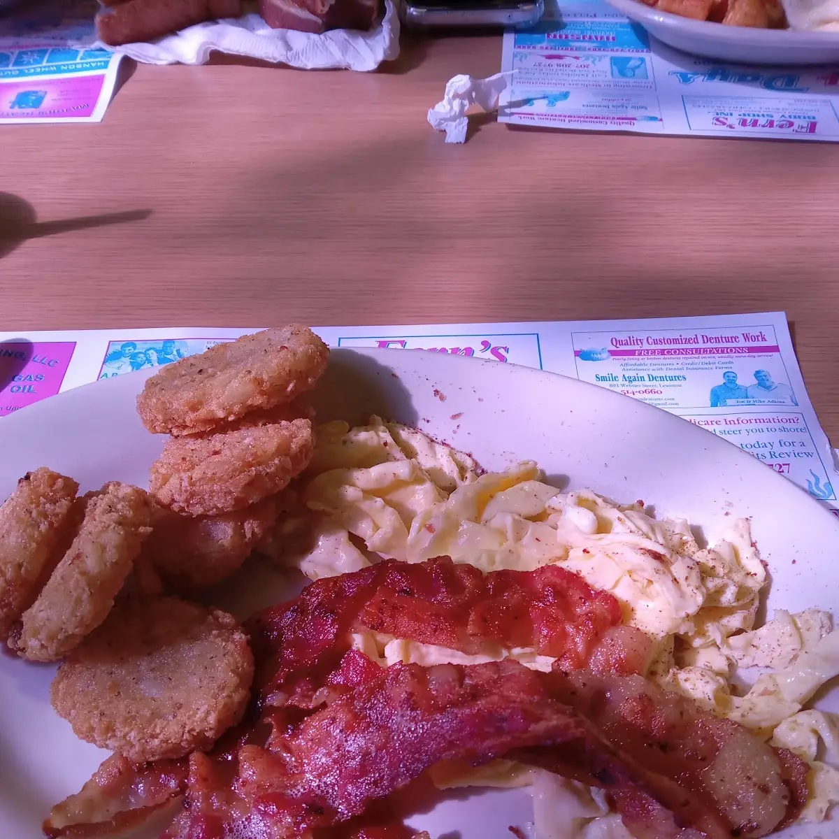 Scramble Eggs Crispy Bacon and Baby Cakes