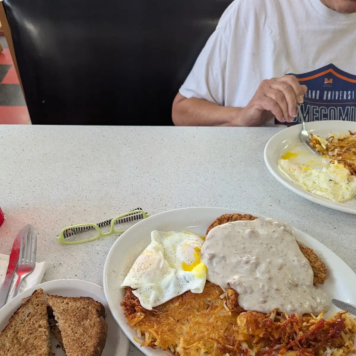Eggs Hashbrowns Meat and Toast Breakfast