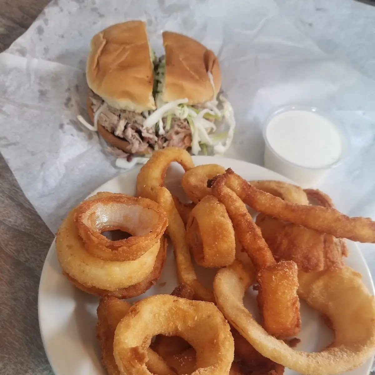 Pulled Pork Sandwich and Onion Rings