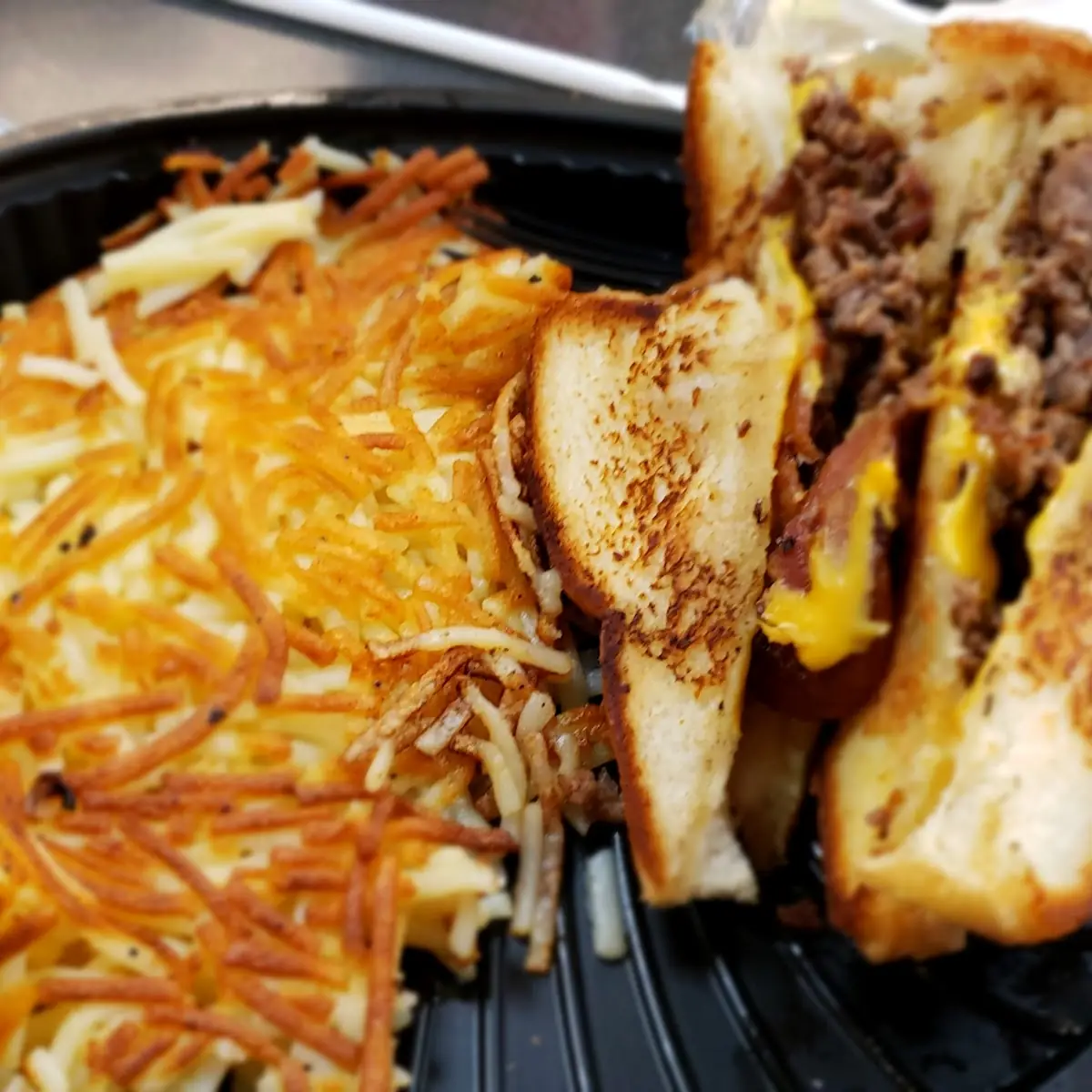 Bacon Grilled Cheese Sandwich Hashbrowns & Beverage