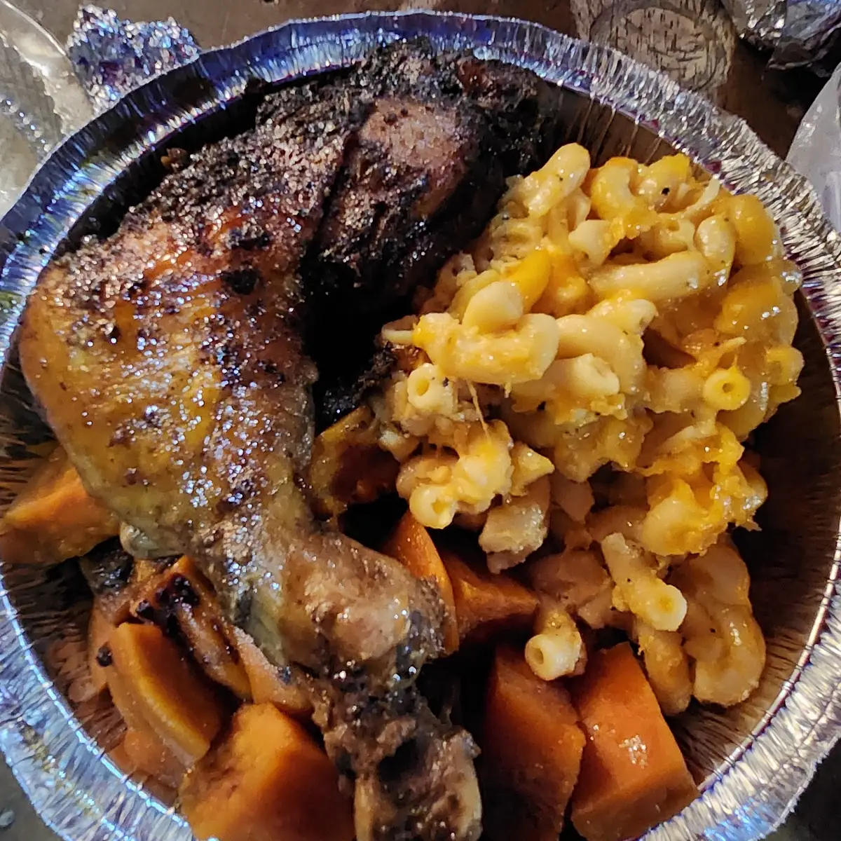 Jerk Chicken Mac and Cheese Yams
