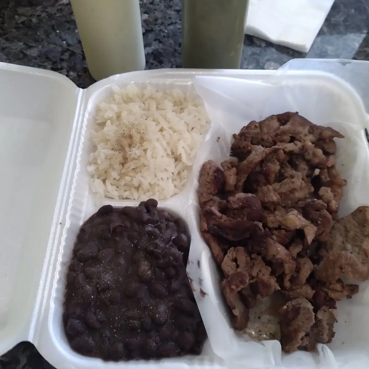 Wood Fire Beef with Black Beans & Rice with a Cane Sugar Lime Drink