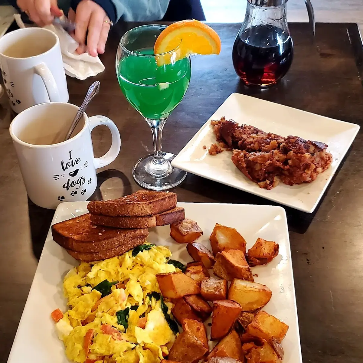 Egg Scramble Corn Beef Hash Coffee and Mermaid Mimosa