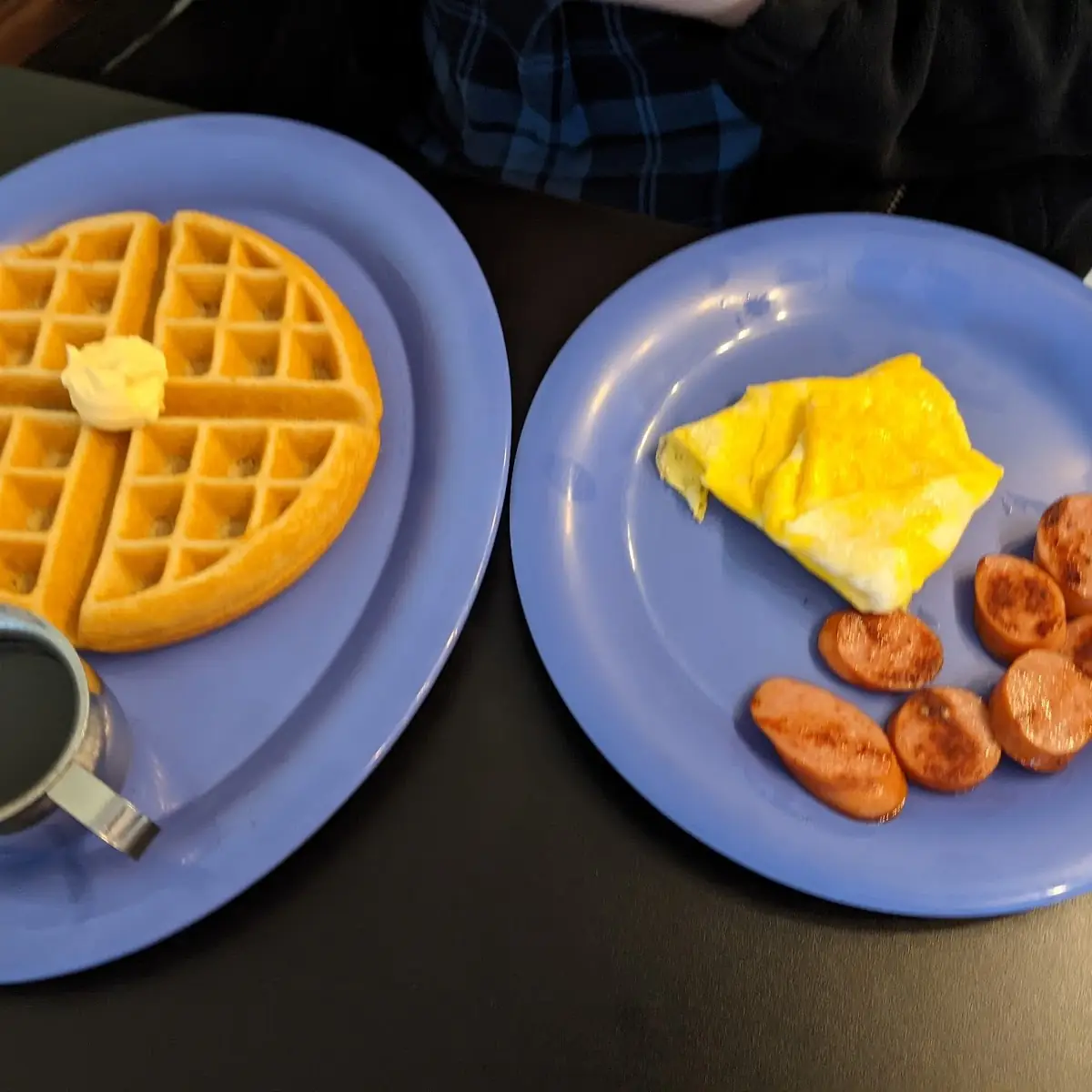 Waffle with Scrambled Eggs and Smoked Sausage