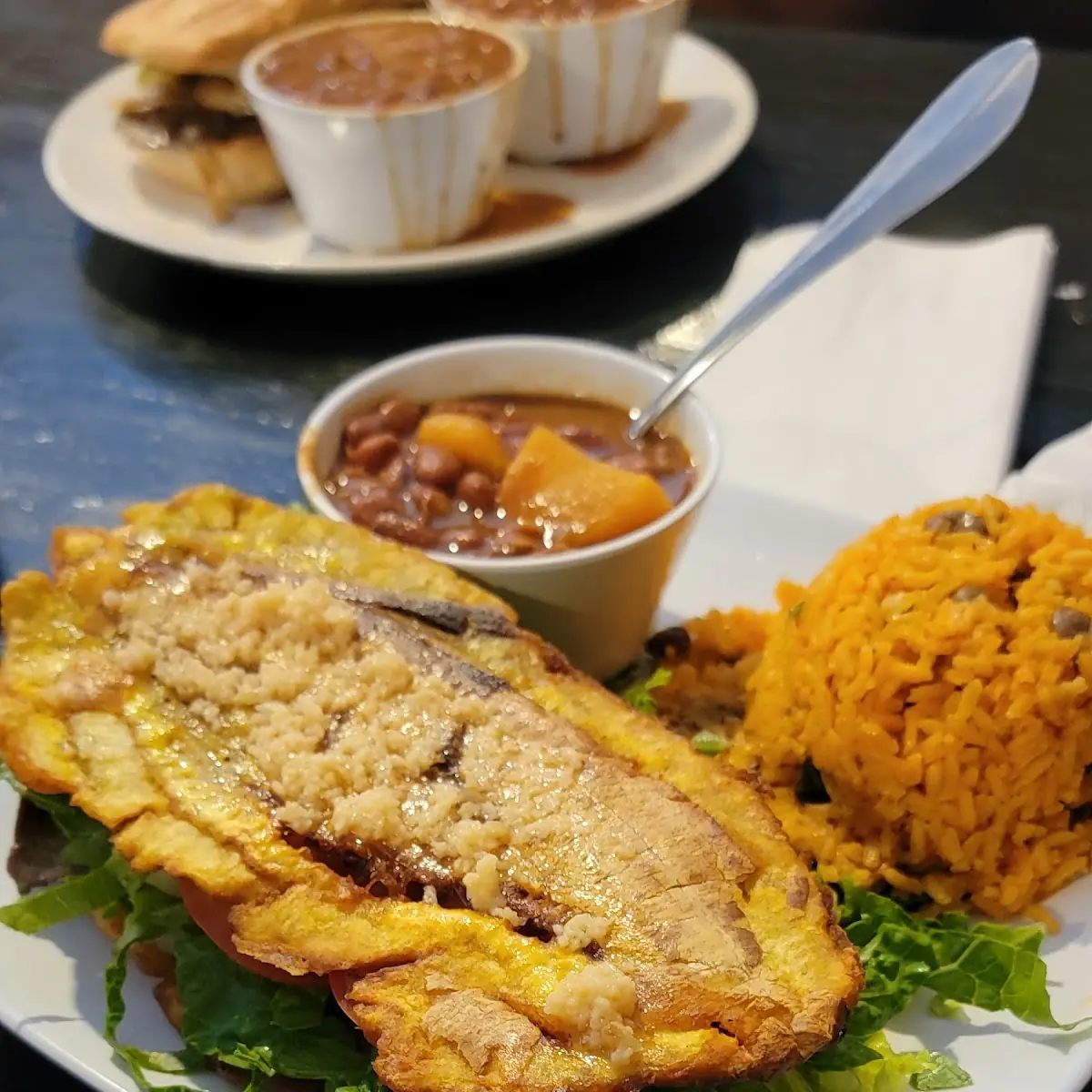 Jibarito Steak Sandwich with Beans and Rice