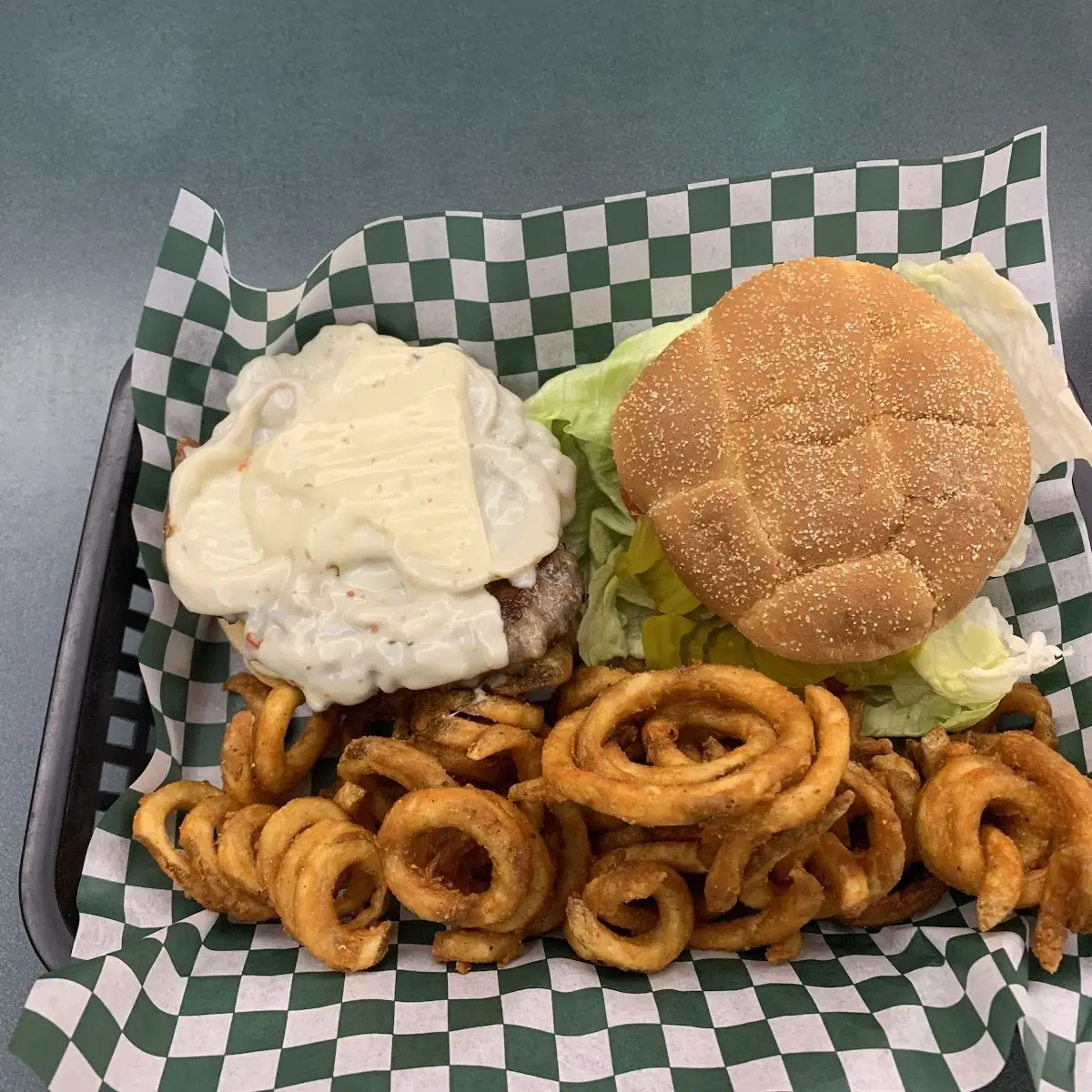 Burger with Curly Fries