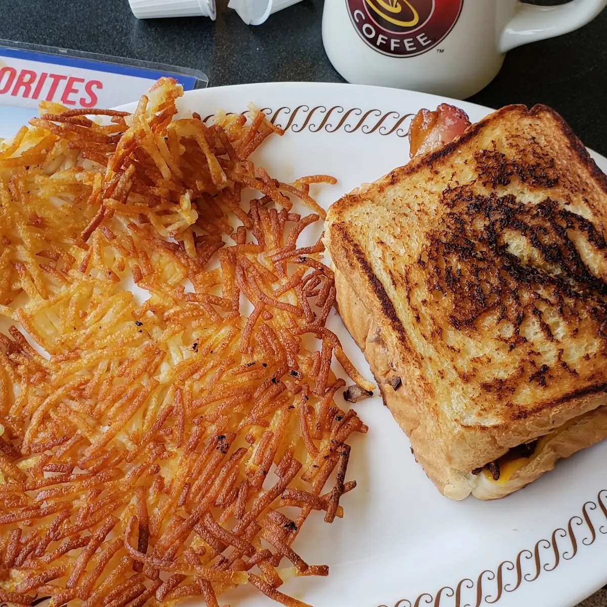 Bacon Grilled Cheese Sandwich Hashbrowns & Beverage