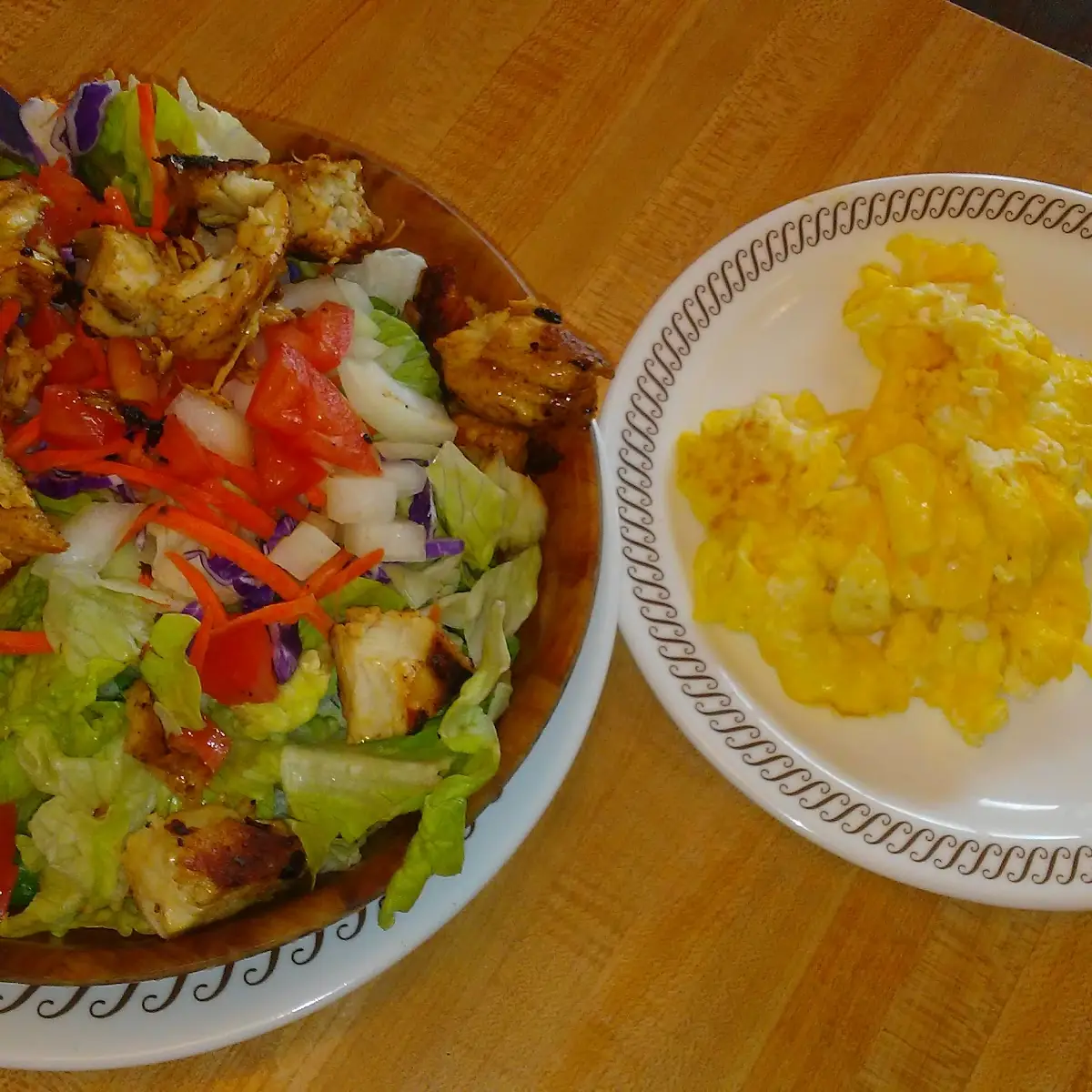 Grilled Chicken Salad and Scrambled Eggs