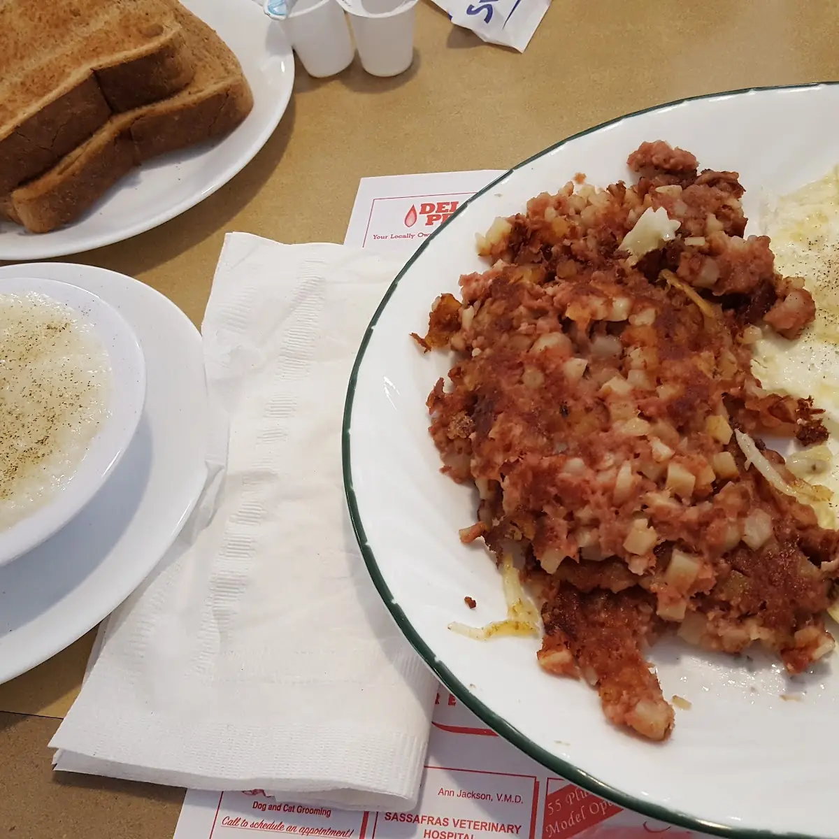 Corned Beef Hash Eggs Hash Browns with Grits