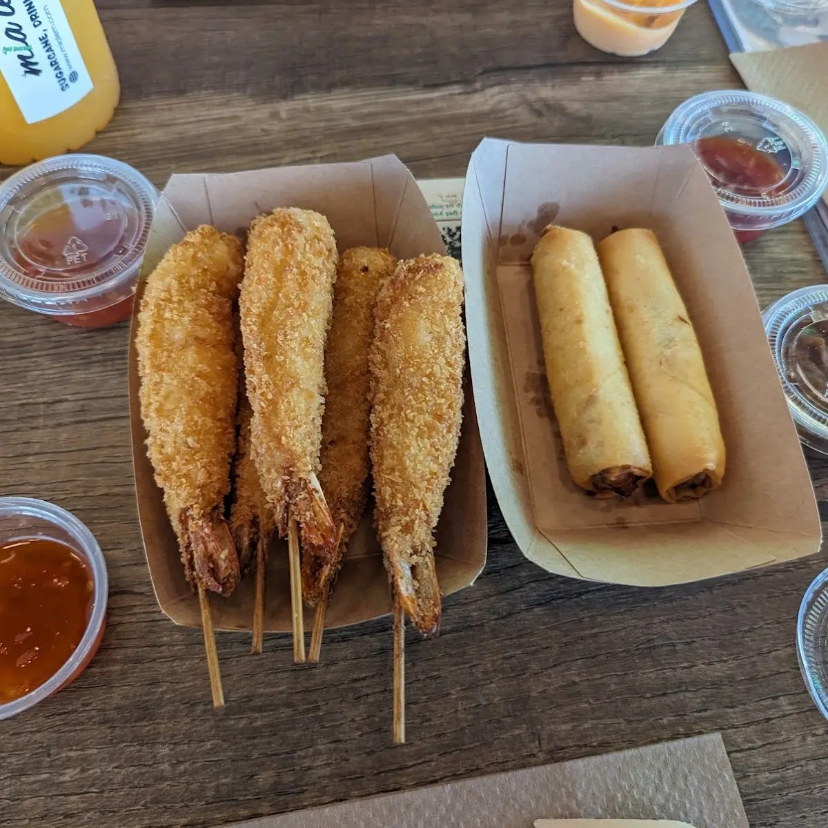 Egg Rolls and Shrimp Skewer