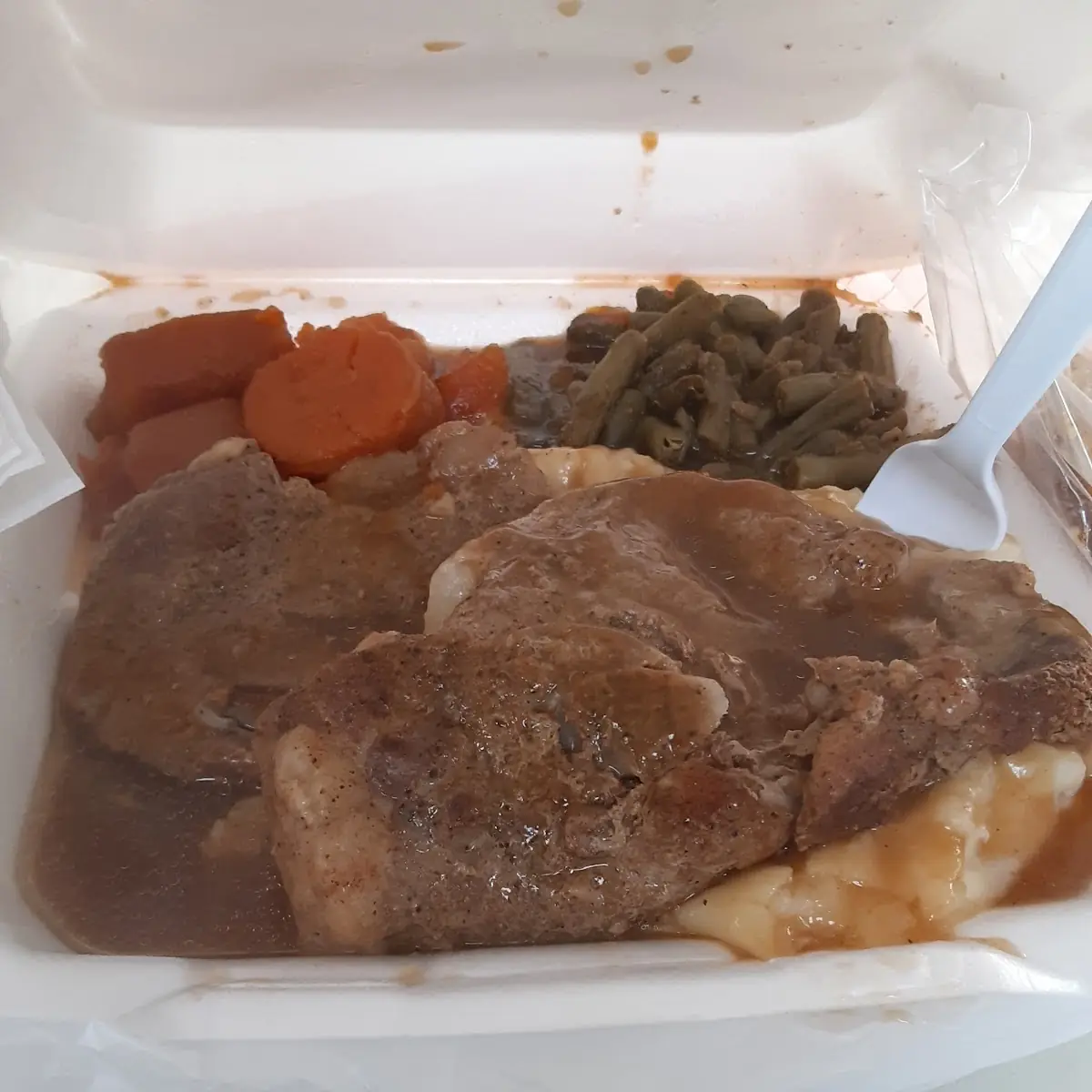 Smothered Pork Chops Mashed Potatoes Green Beans with Yams