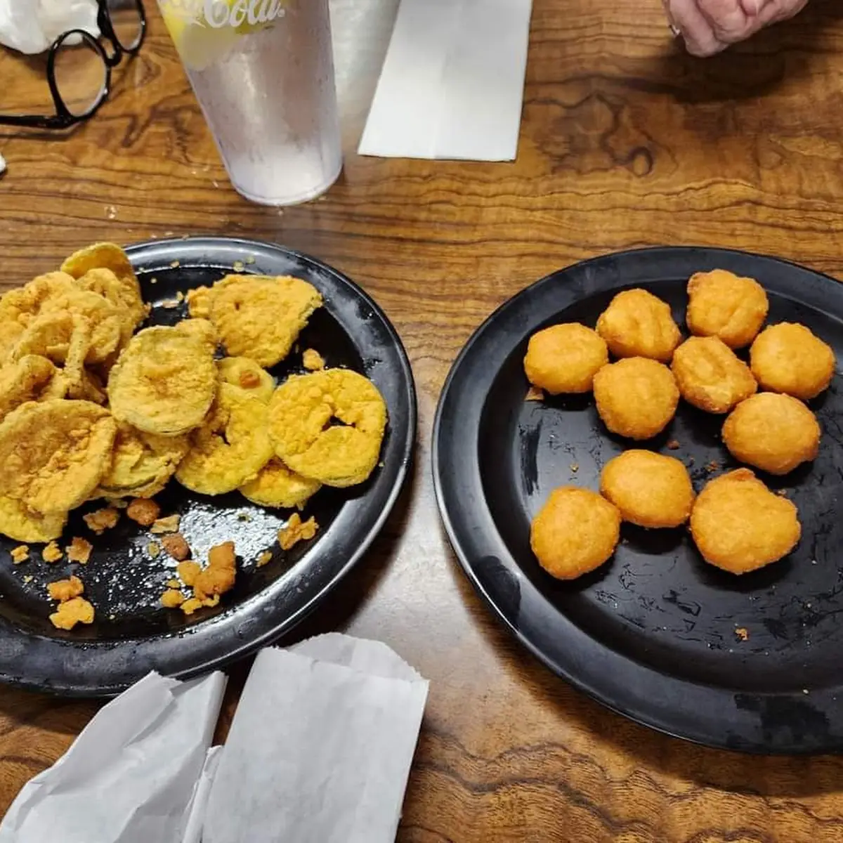 Right Mac and Cheese Bites Left Fried Pickle Chips