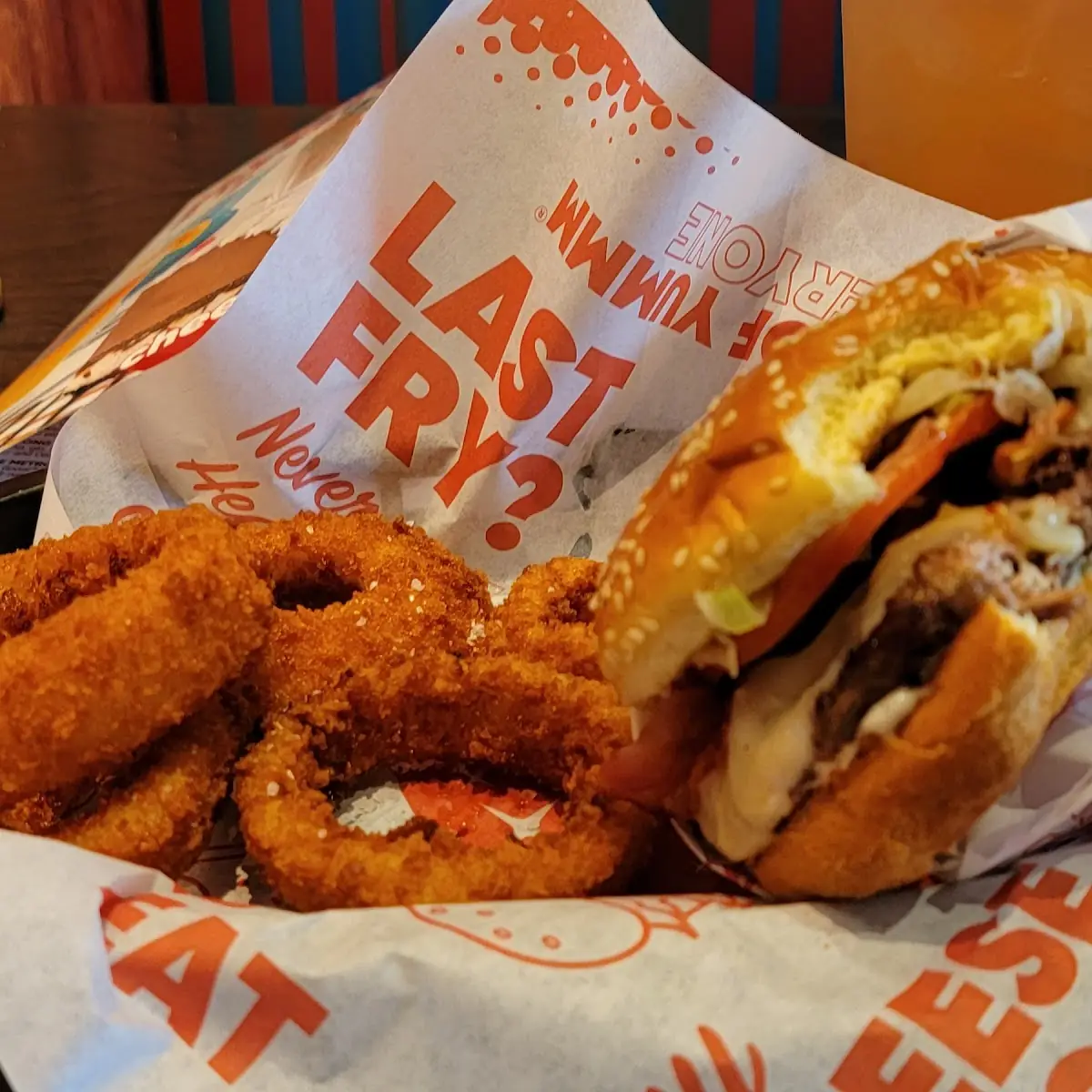 Bacon Cheese Burger and Onion Rings