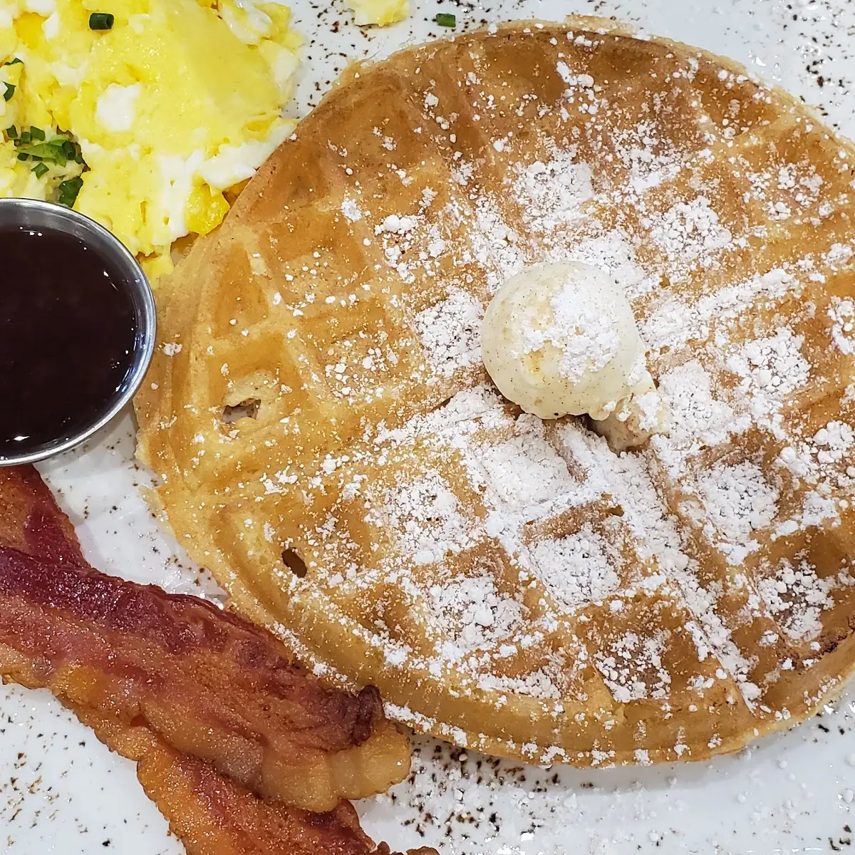 Belgium Waffle with Scrambled Eggs and Bacon