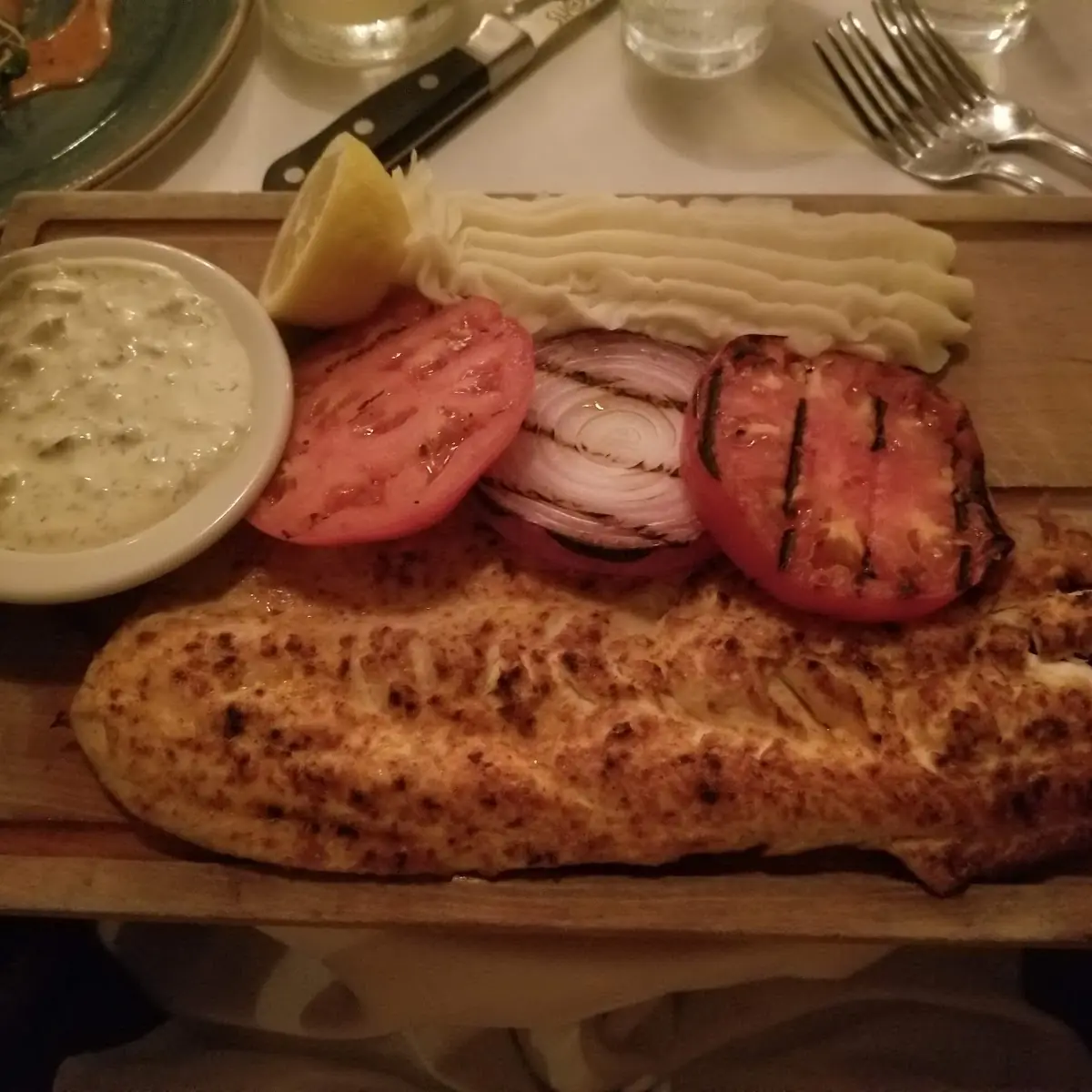Cedar Plank Whitefish with Grilled Tomato Onion & Mashed Potato