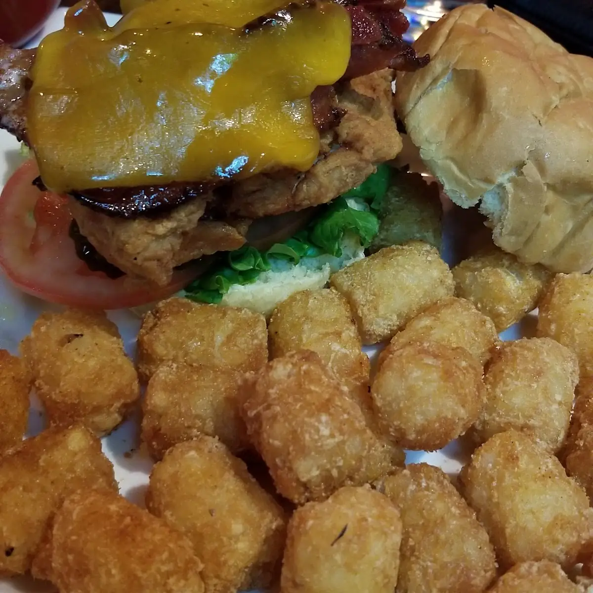 BBQ Bacon Cheese on Fried Chicken Breast with Tator Tots