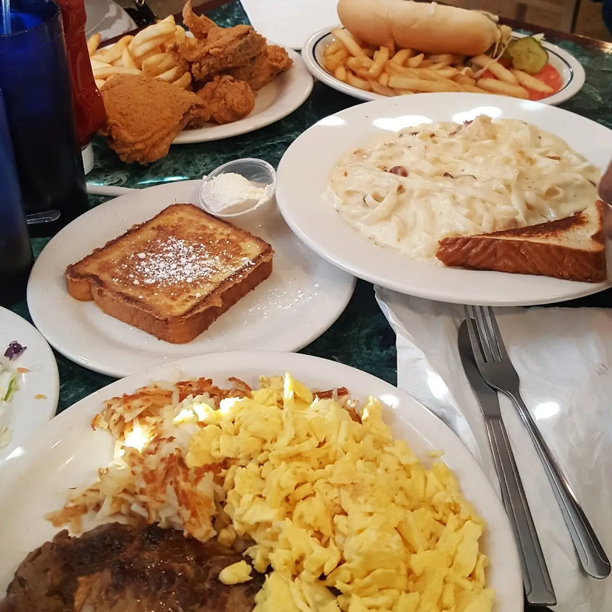 Steak and Eggs French Toast and Chicken Alfredo