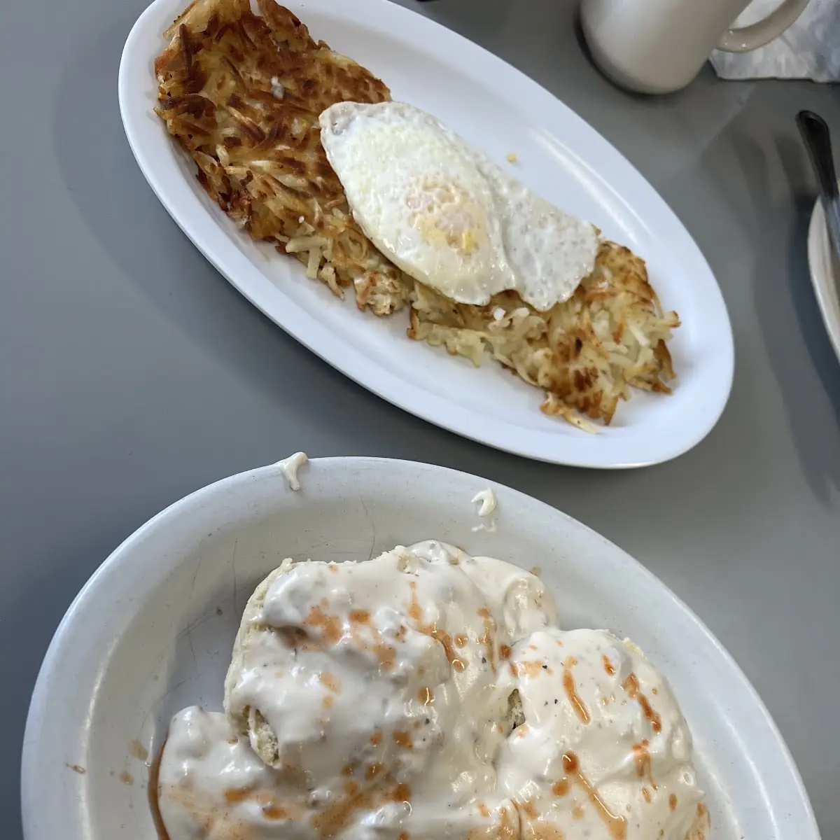 Biscuits and Gravy Hash Browns and Two Eggs