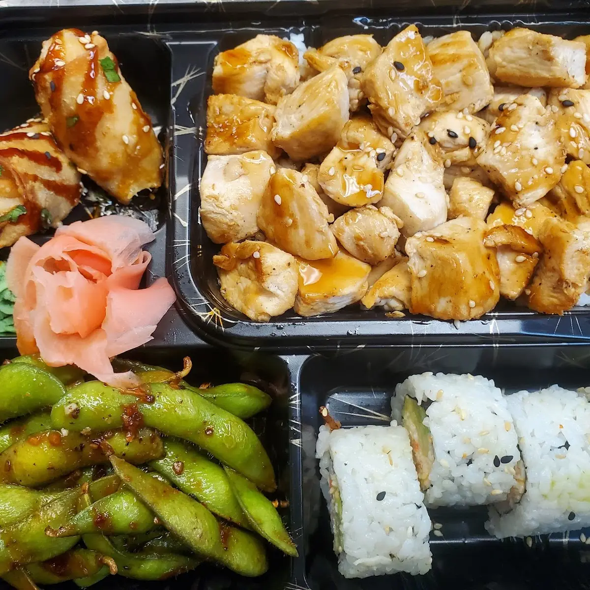 Bento Box - 1 2 California Roll Spicy Edamame Shrimp Egg Roll Chicken Teriyaki Steamed Rice