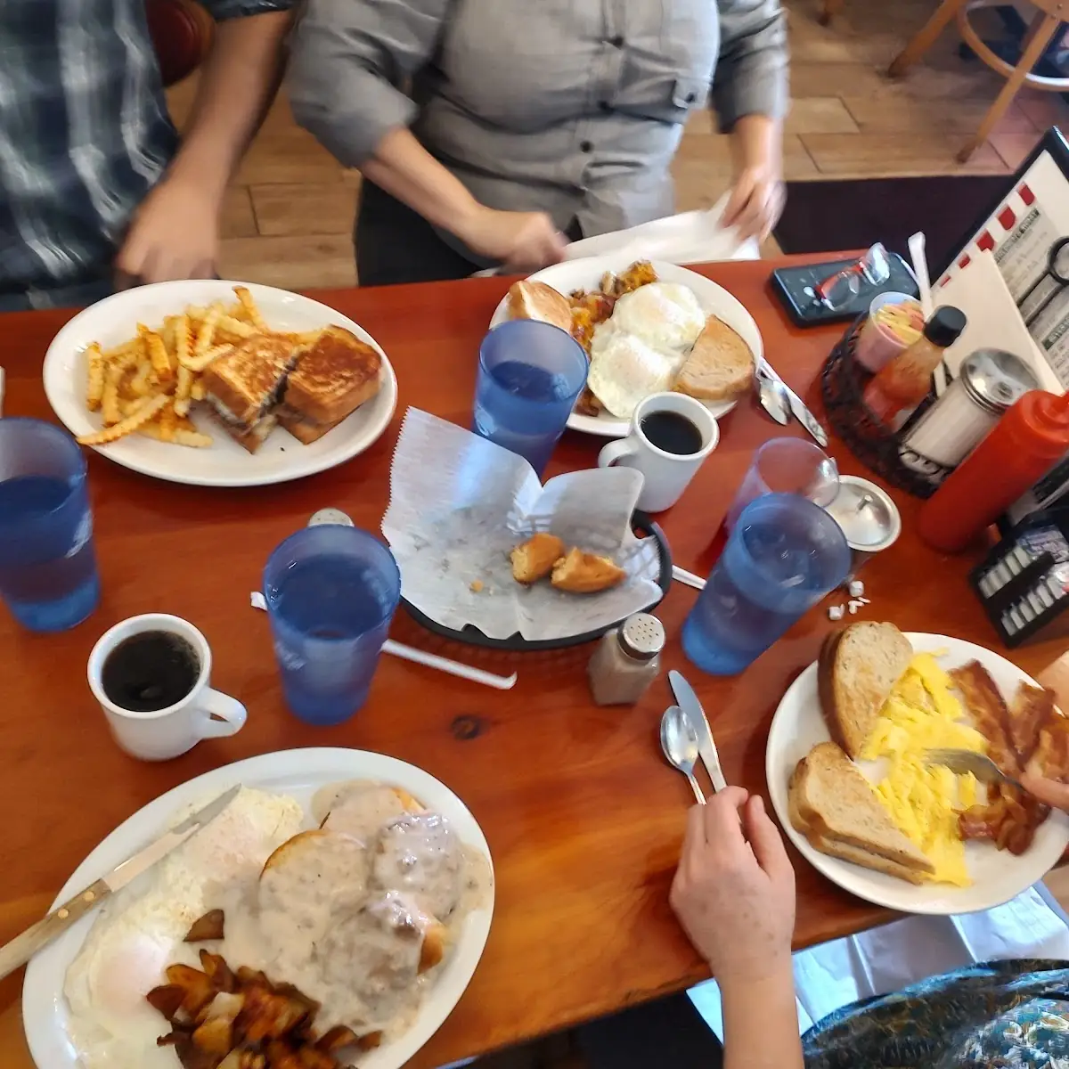 Patty Melt with Fries Biscuits and Gravy Special and Two Breakfast Specials