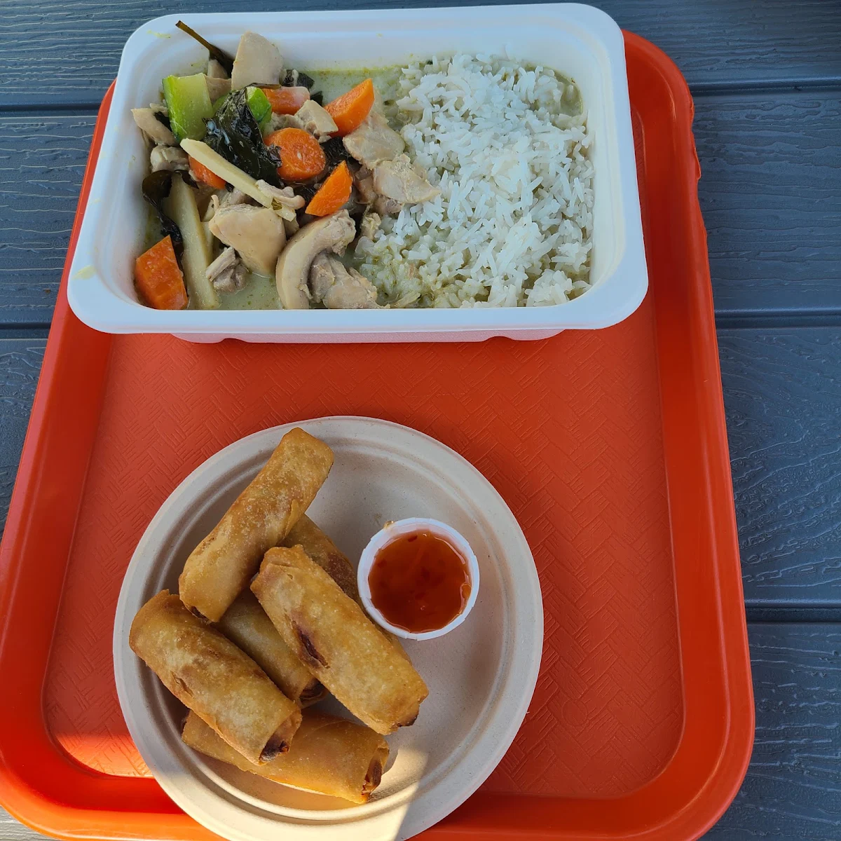 Chicken Green Curry with Vegetarian Spring Rolls