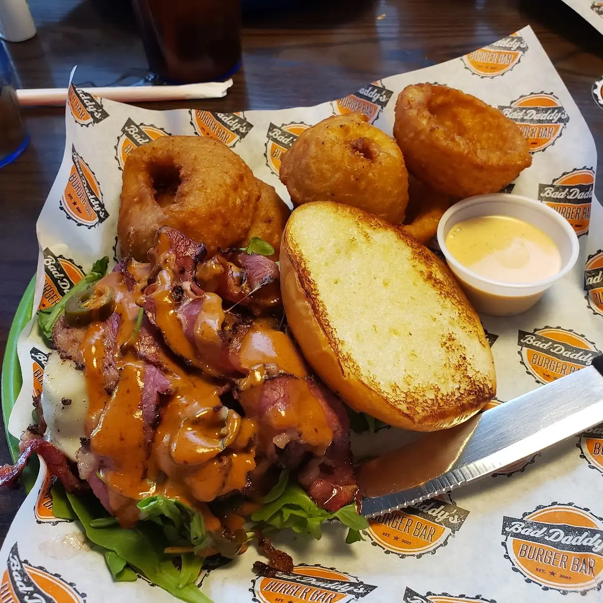 Pastrami Burger and Onion Rings