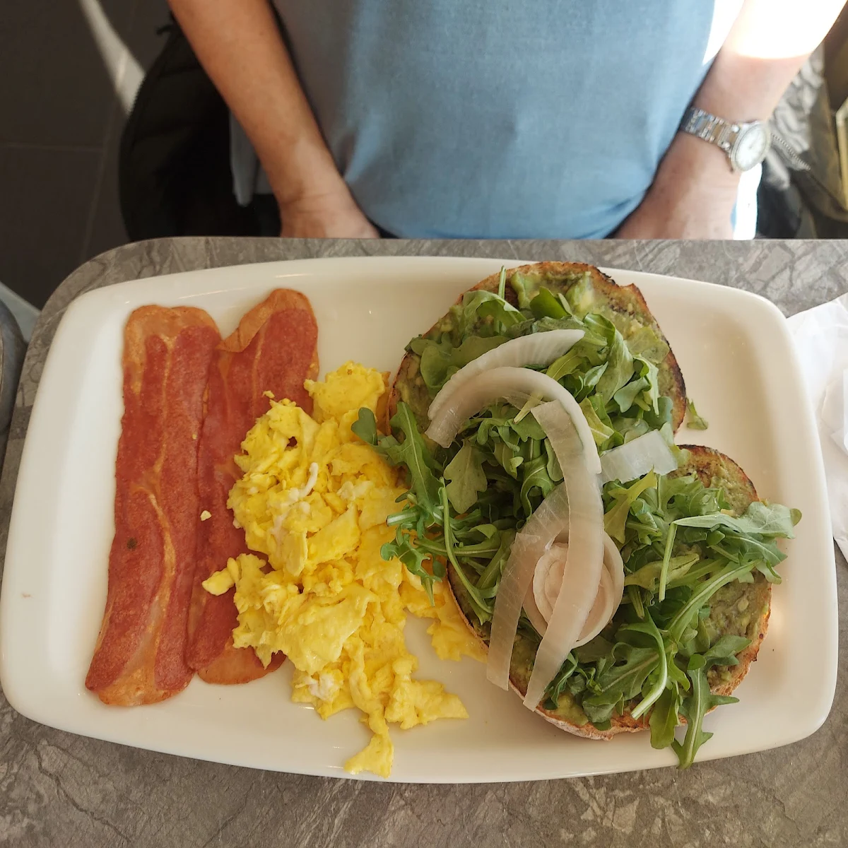 Smashed Avocado on Sourdough with Egg and Turkey Bacon