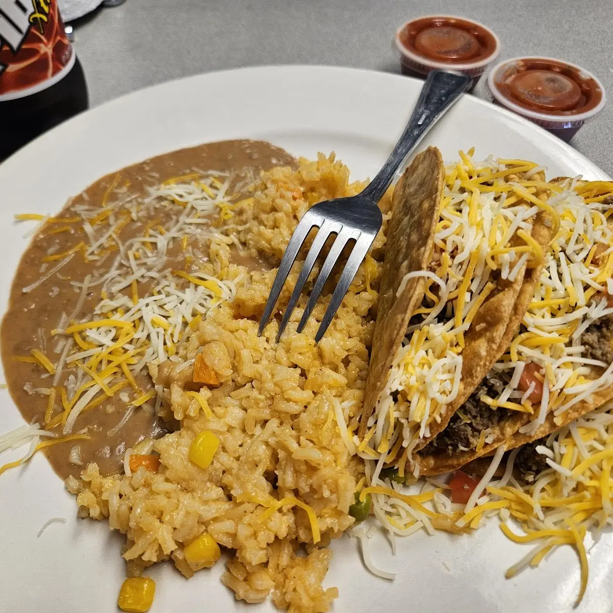 3 Ground Beef Tacos w Rice and Beans