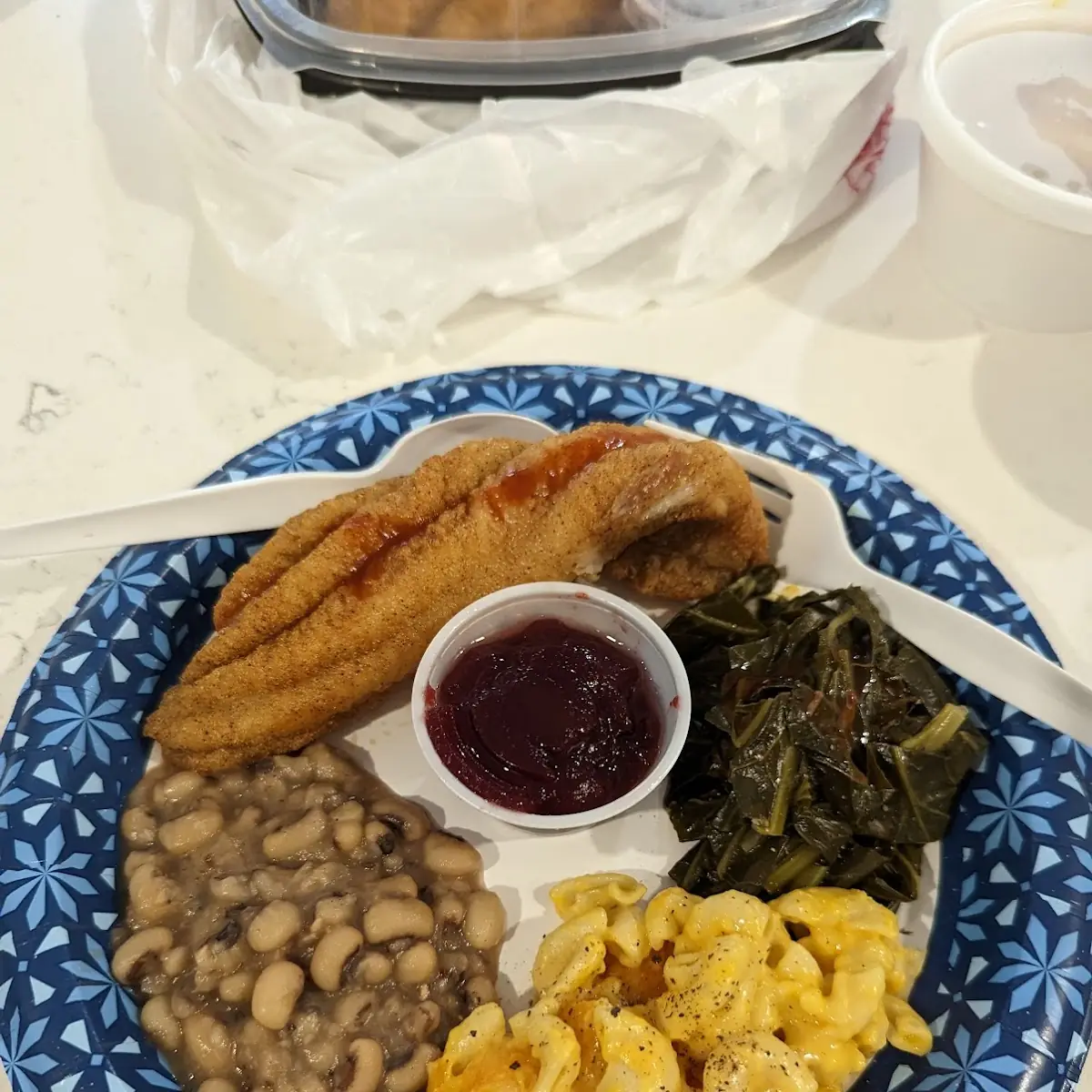 Fried Catfish Greens Mac & Cheese Blackeyed Peas Cornbread