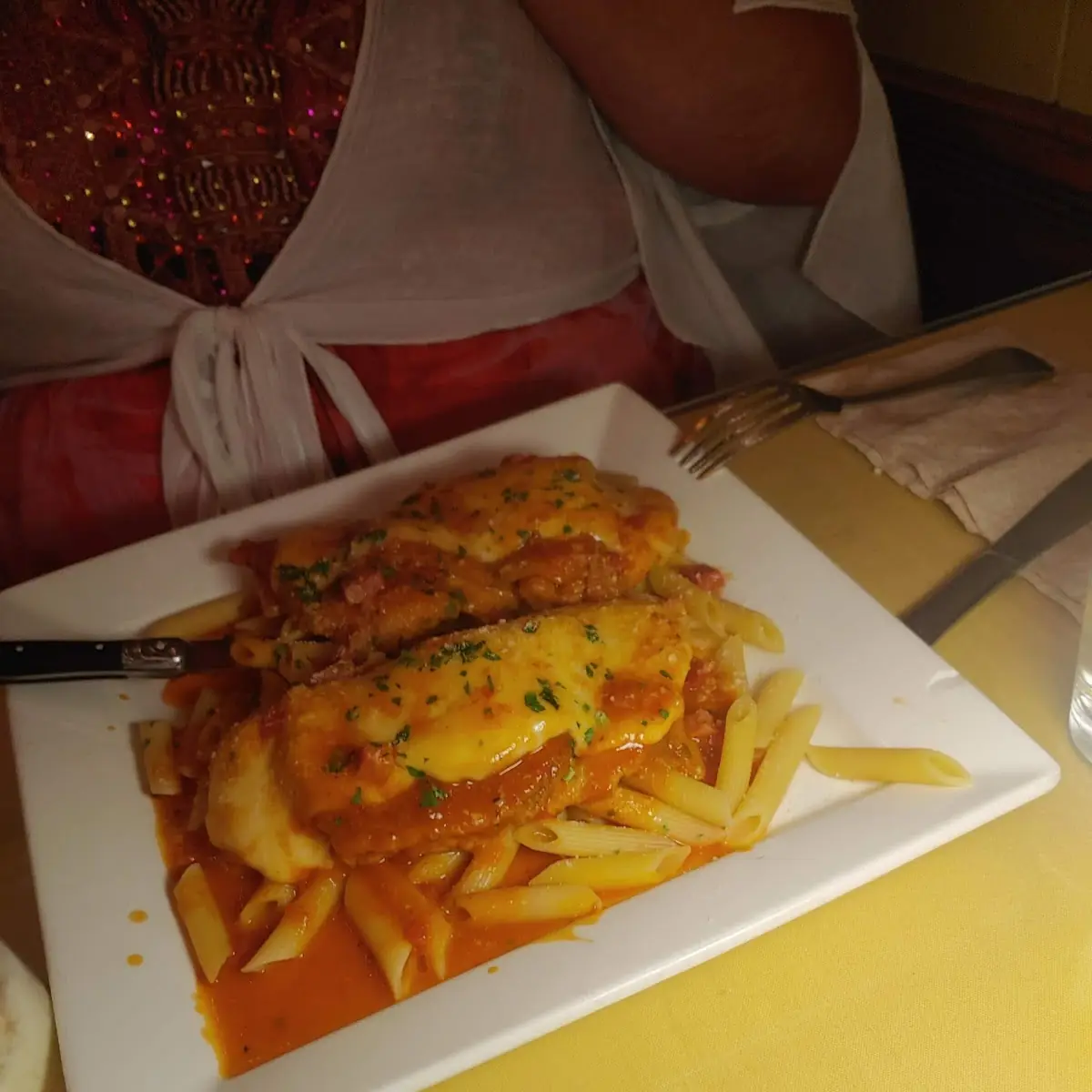 Chicken Parm over Pene Vodka Sauce