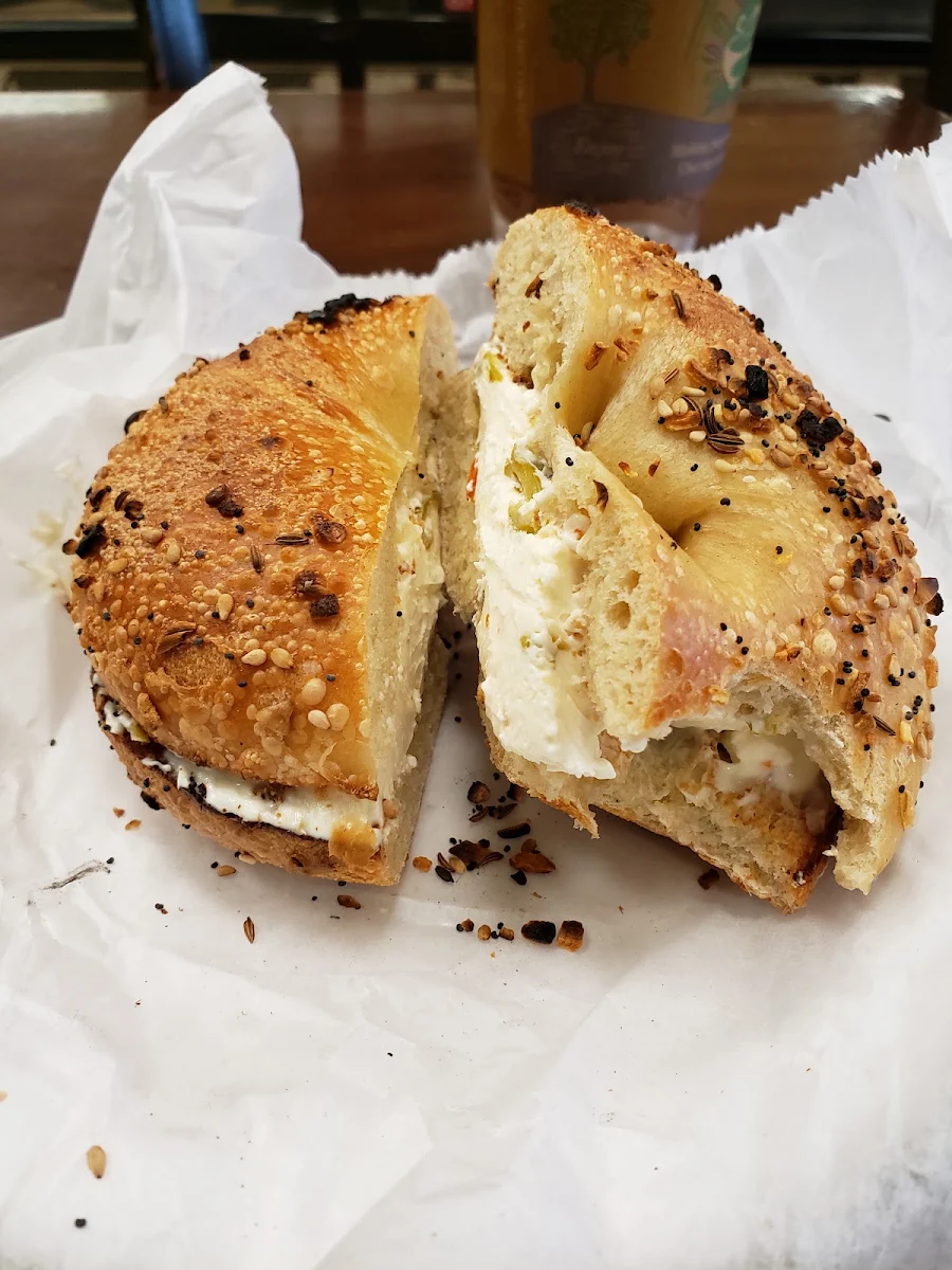 Everything Bagel Toasted with Olive Cream Cheese